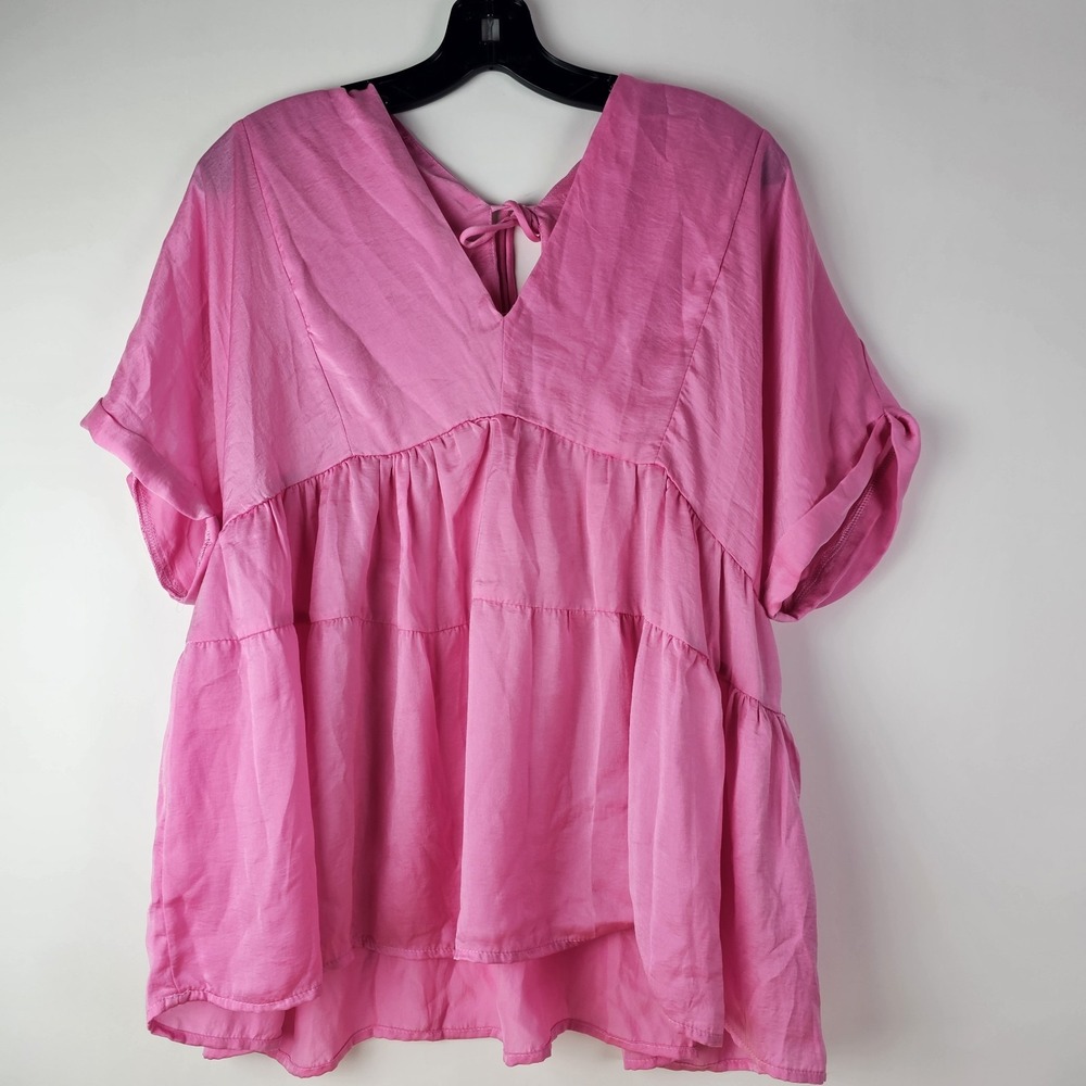 The Impeccable Pig Womens Hot Pink Large V-Neck Tiered Top Shirt Peasant SS